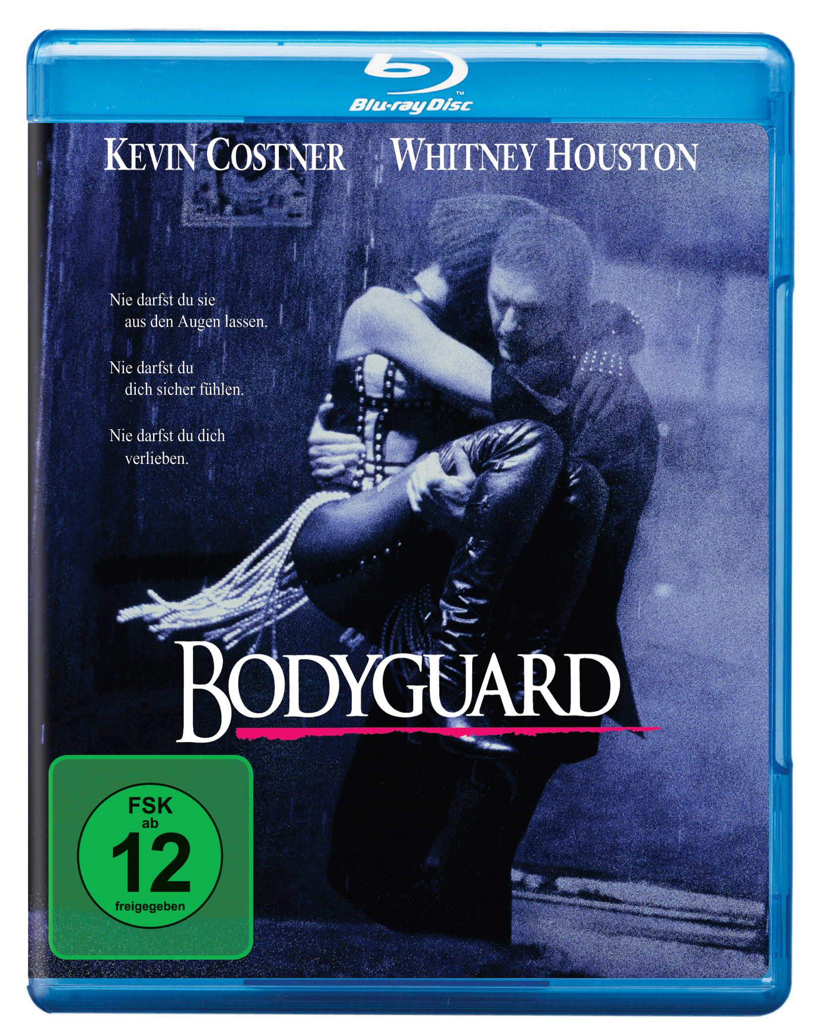 Bodyguard Blu-ray-Cover. Kevin Costner, Whitney Houston im Regen. Text: Bodyguard, FSK 12.