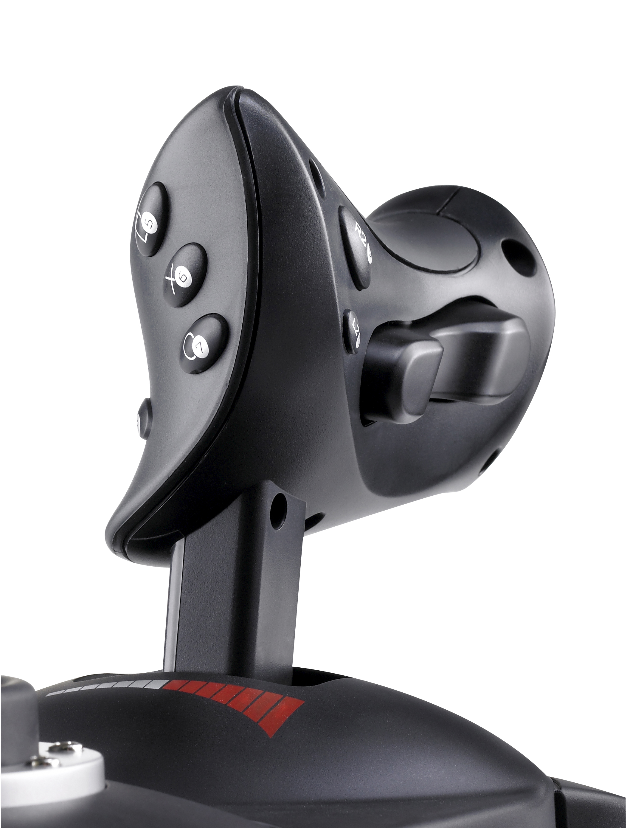 Schwarzer Joystick mit Knöpfen und roter Markierung. Der Joystick befindet sich auf weißem Hintergrund.