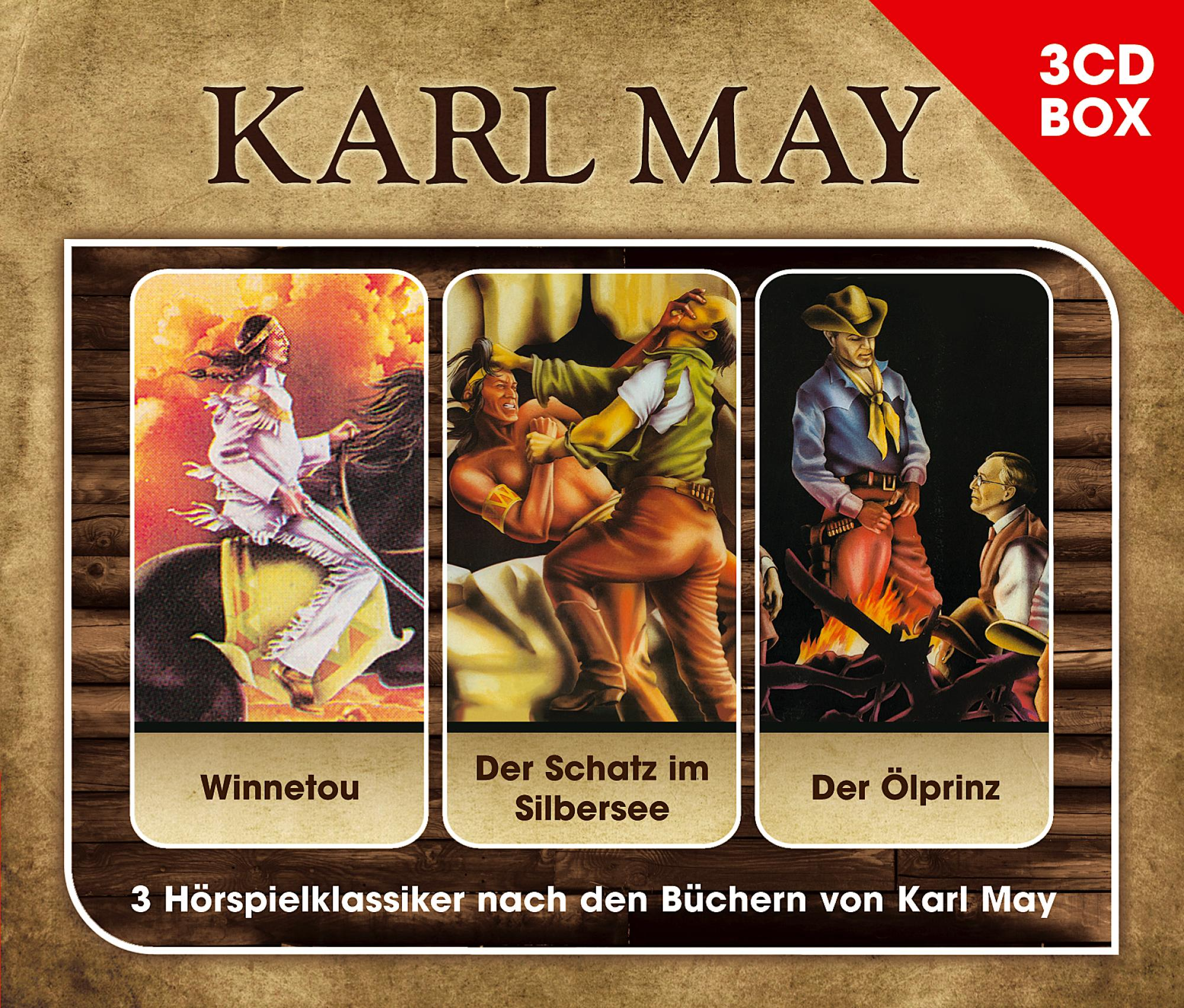 Karl May Hörbücher Box-Set. Drei Bilder mit Text auf einem Holzuntergrund.