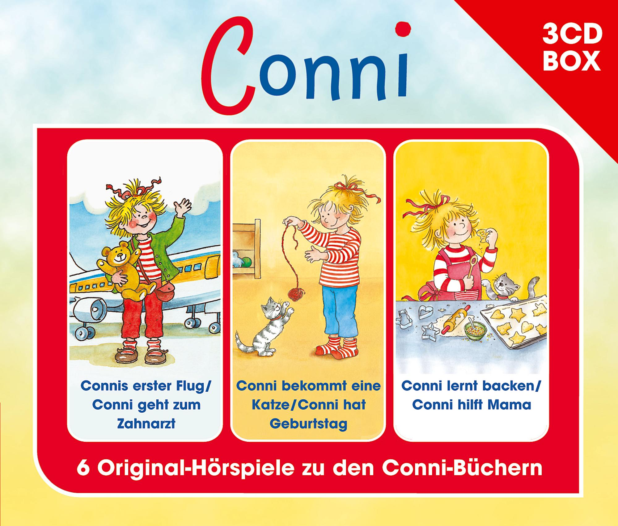 Conni-Buchcover. Drei Bilder zeigen Conni am Flughafen, beim Spielen mit einer Katze und beim Backen.