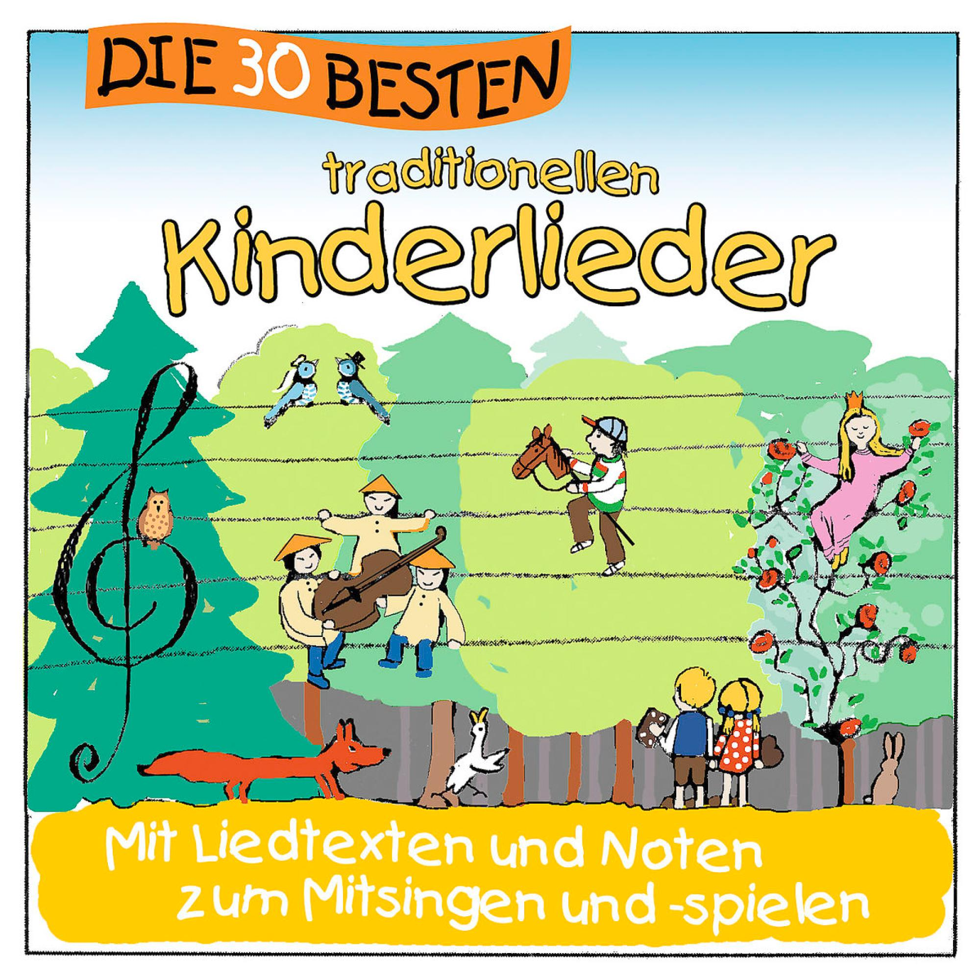Cover eines Kinderlieder-Albums mit Illustrationen von Kindern, die Musik spielen, und verschiedenen Tieren in einer bunten Umgebung.