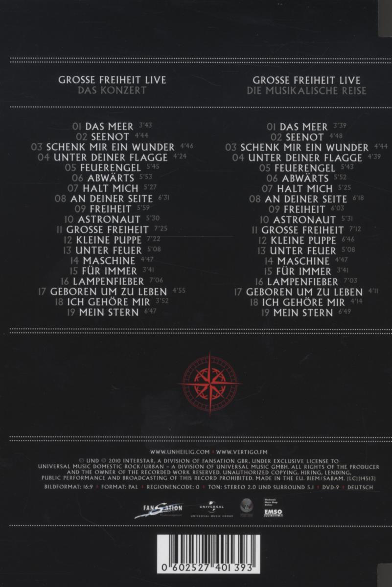 Rückseite einer DVD-Hülle mit Titellisten. In der Mitte befindet sich eine Kompassrose. Schwarzer Hintergrund mit Text.