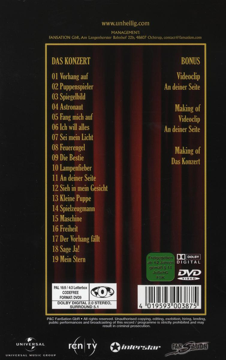 DVD-Rückseite mit Songliste auf Deutsch. Titel: Das Konzert. Enthält Bonus-Features.