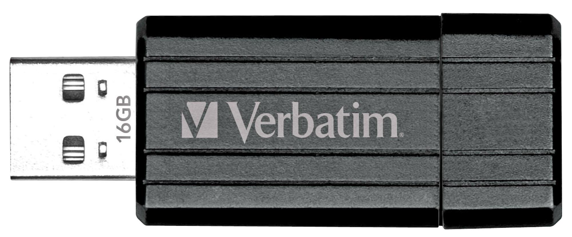 Fekete Verbatim 16 GB-os USB meghajtó. Ezüst USB csatlakozó látható.