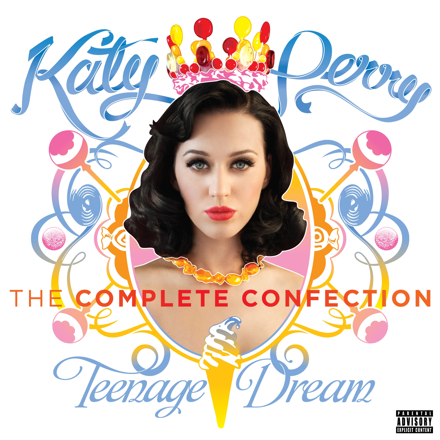Katy Perry Albumcover. Sie steht im Mittelpunkt, trägt eine Krone, auf buntem Hintergrund.