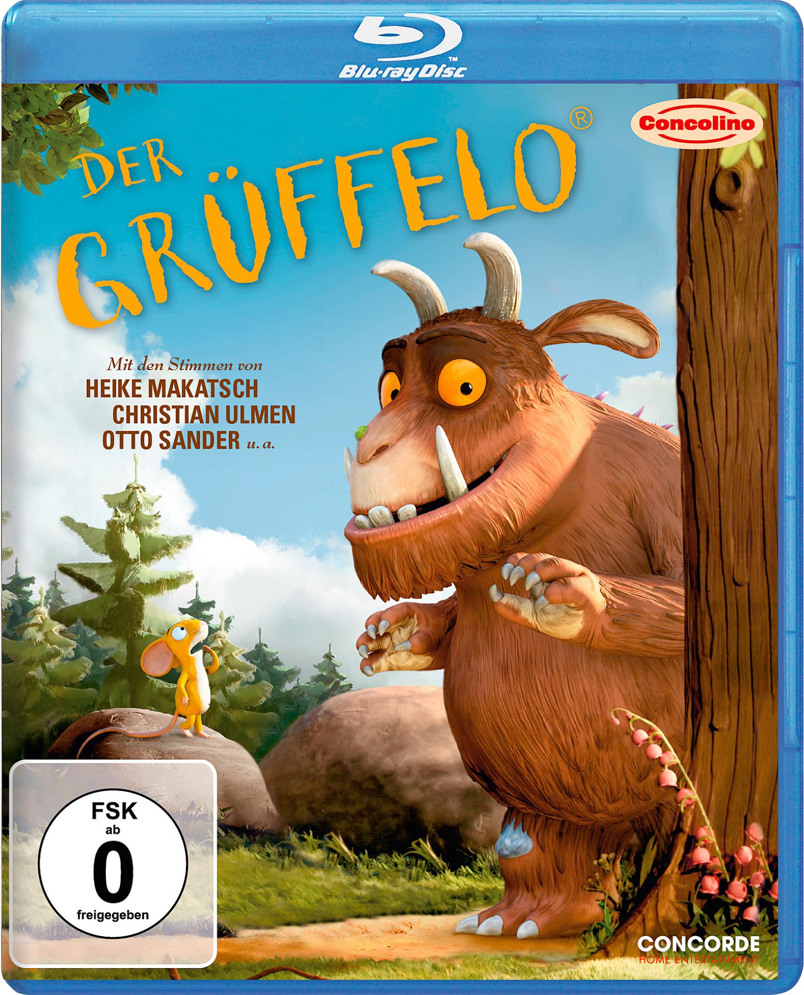 DVD-Cover von 'Der Grüffelo', eine Cartoon-Kreatur, Maus, Baum und blauer Hintergrund.