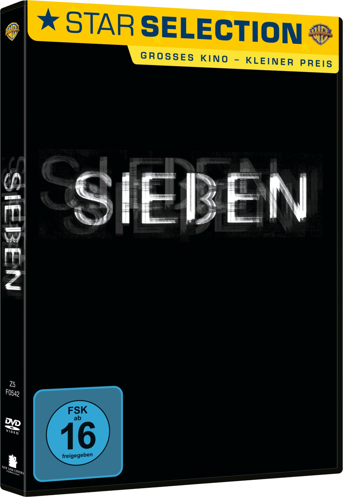 Filmcover "Sieben". Schwarzer Hintergrund mit weißem Text. DVD-Hülle.