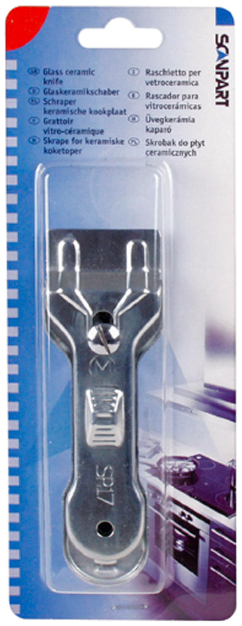 A silver glass ceramic scraper in a clear plastic package with German, French, and English text.