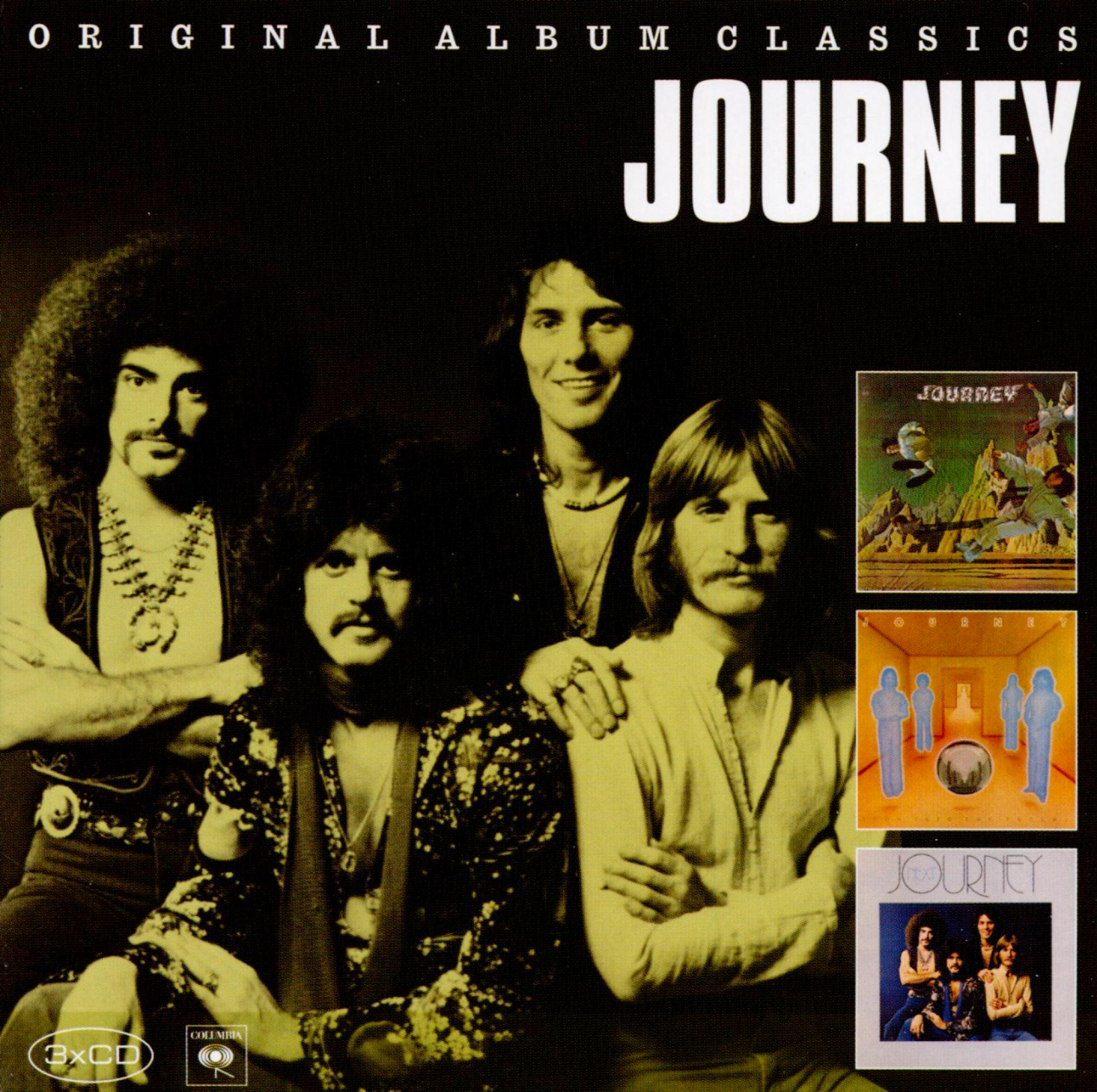Journey-Band-Albumcover, vier Mitglieder, schwarzer Hintergrund, mehrere Albumcover im Hintergrund.