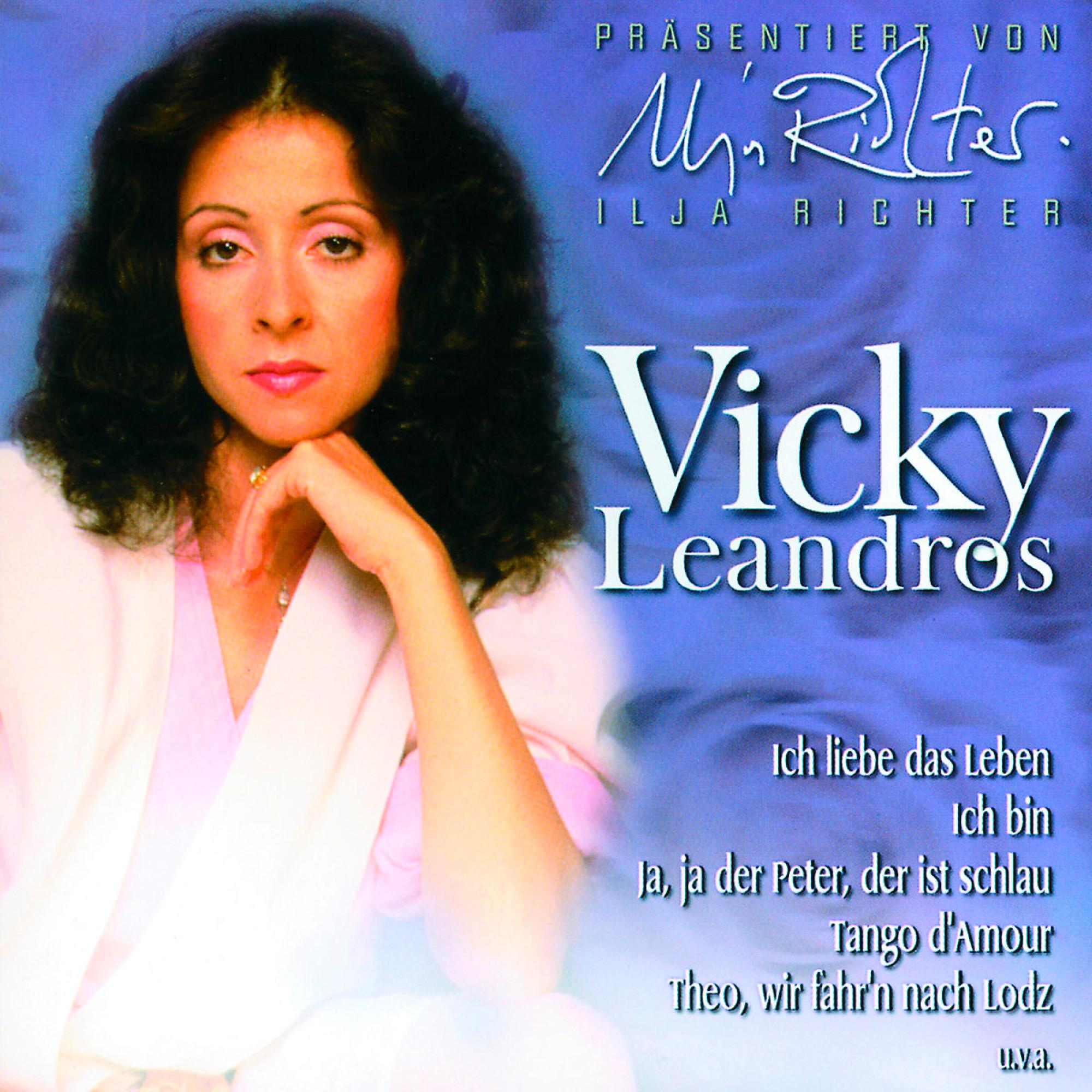 Albumcover: Frau mit Text 'Vicky Leandros'. Porträt, farbenfroher Hintergrund, deutscher Text.