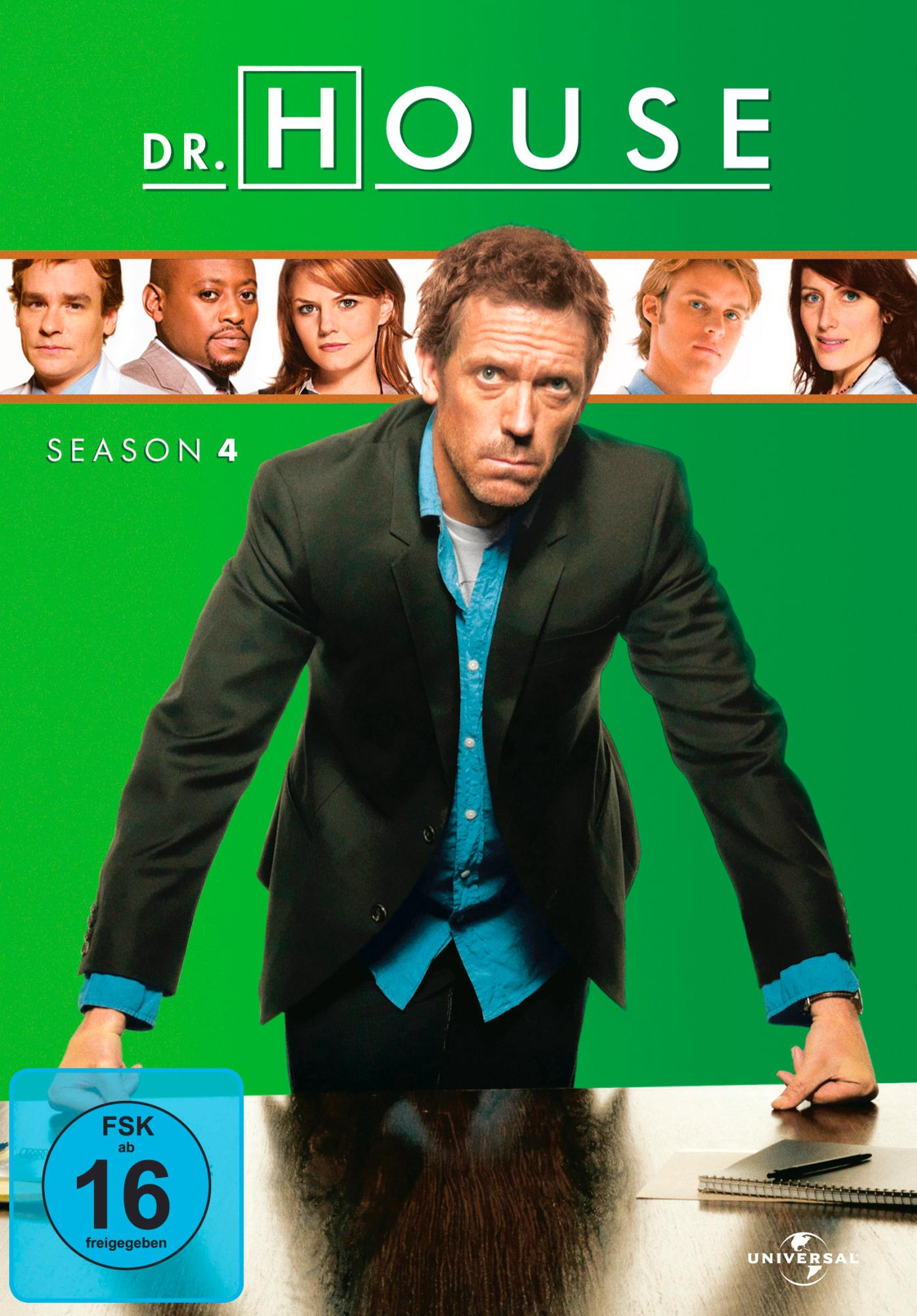Dr. House DVD-Cover. Hugh Laurie, andere, auf grünem Hintergrund, Titeltext.