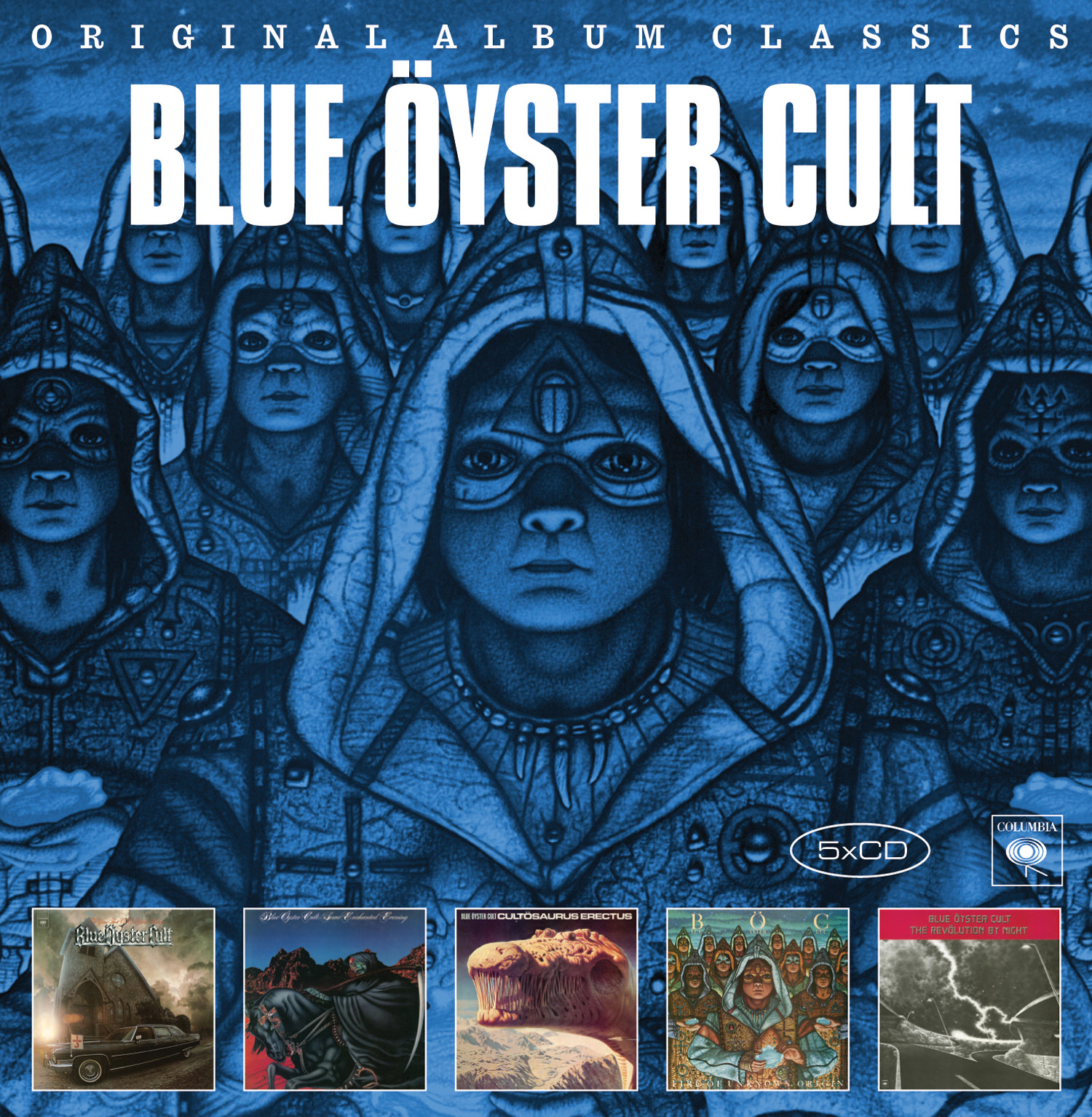 Albumcover. Blue Oyster Cult Album. Gruppe blaugesichtiger Menschen. Text: Original Album Classics.