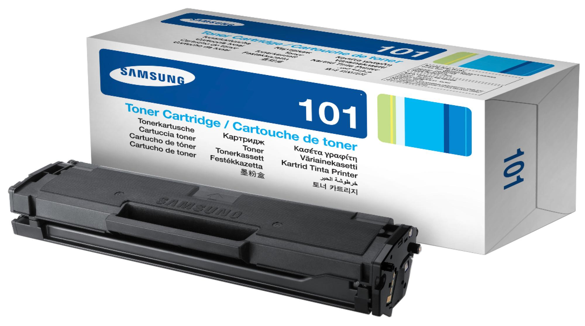 Eine schwarze Samsung 101 Tonerkartusche und ihre Box, mit dem Markennamen auf der Box.