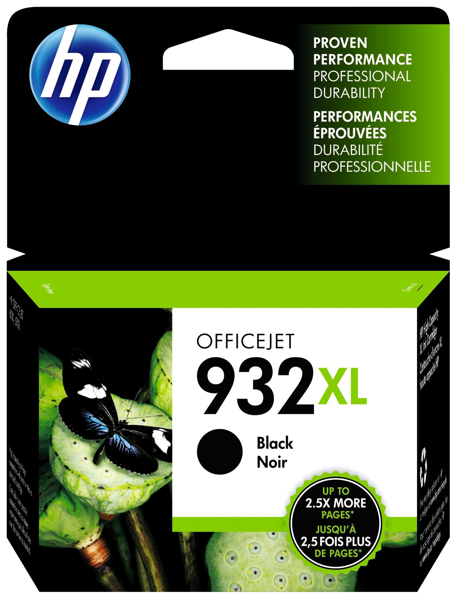 Boîte de cartouche d'encre noire HP 932XL avec une image de papillon et de fleur. Texte : OfficeJet 932XL.