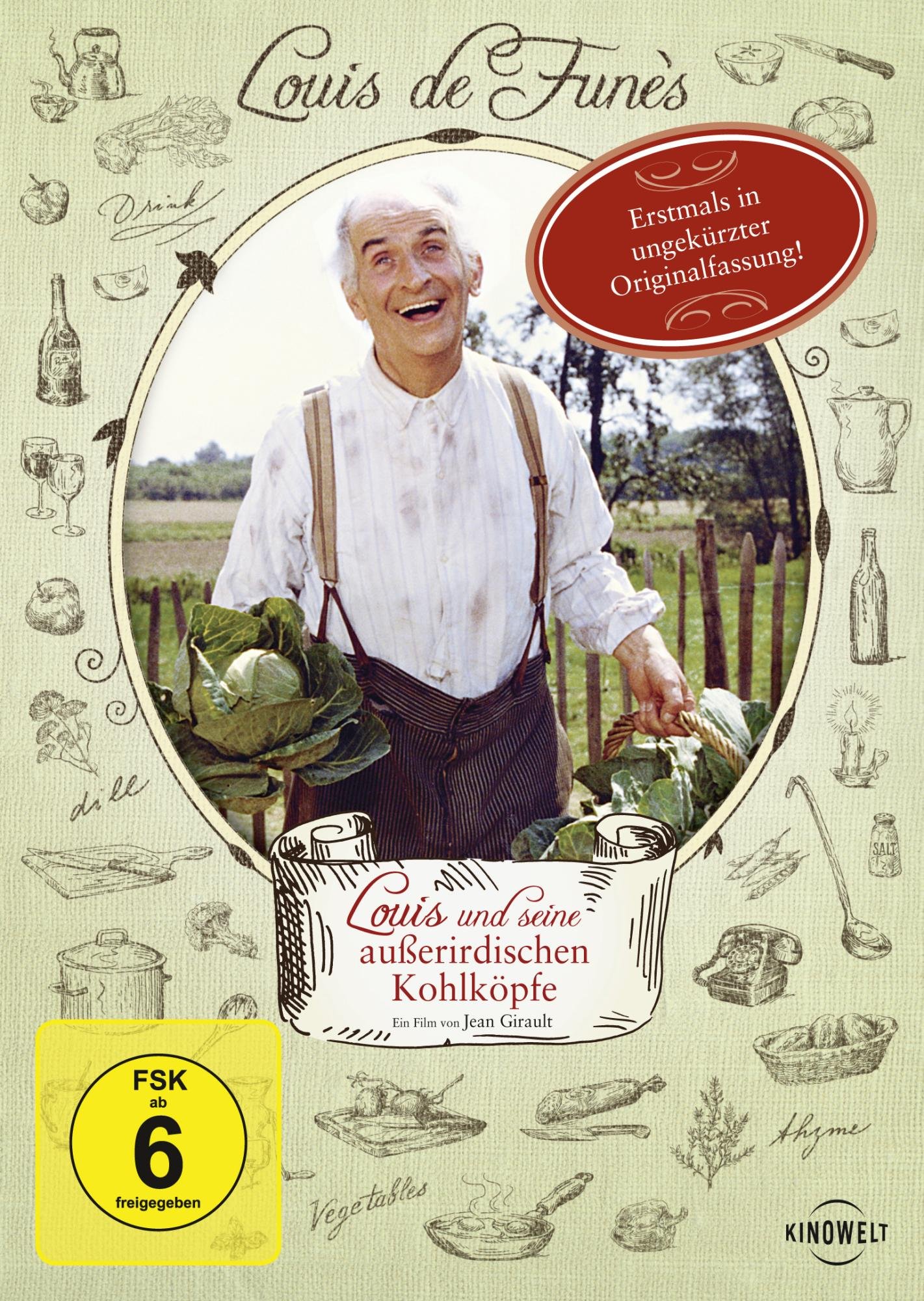 DVD-Cover von Louis de Funès. Er hält Kohl. Text: 'Louis und seine außerirdischen Kohlköpfe'.