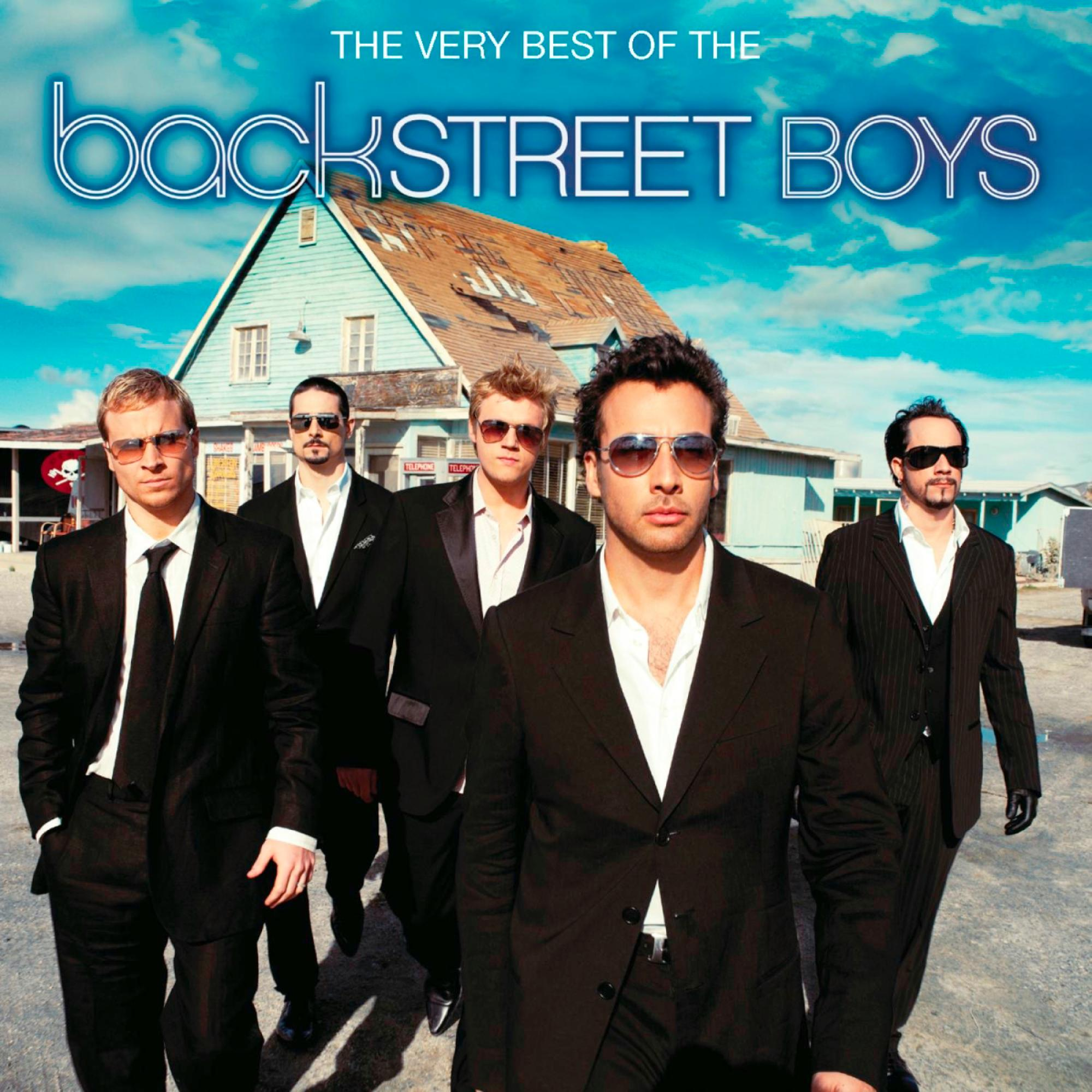 Backstreet Boys Albumcover. Die Band in Anzügen, Sonnenbrillen und blauem Himmel.