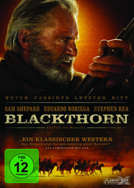 Filmplakat: Sam Shepard, ein Mann mit Bart, der eine Waffe hält. Titel: Blackthorn.