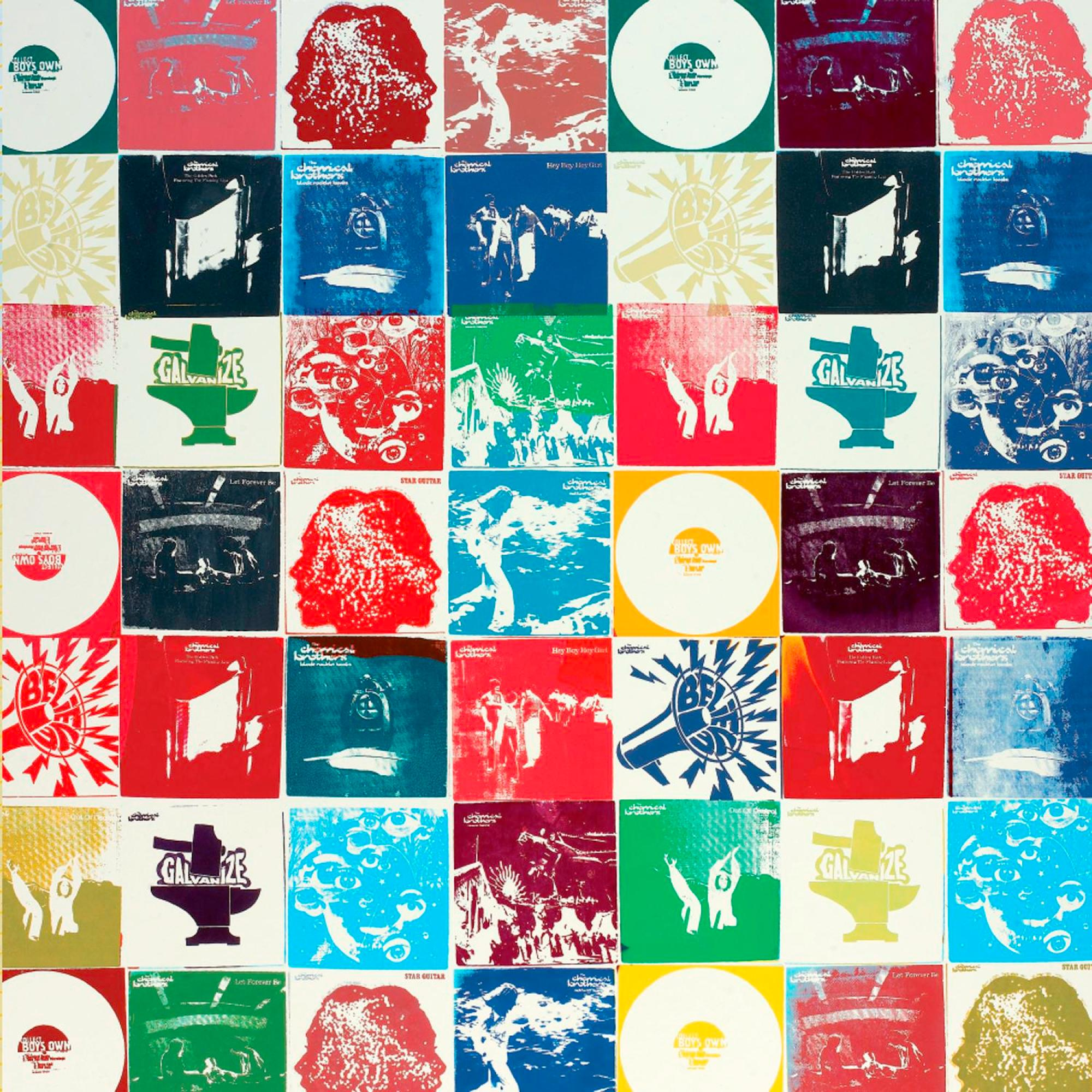 Eine Collage aus bunten Albumcovern mit verschiedenen Designs.