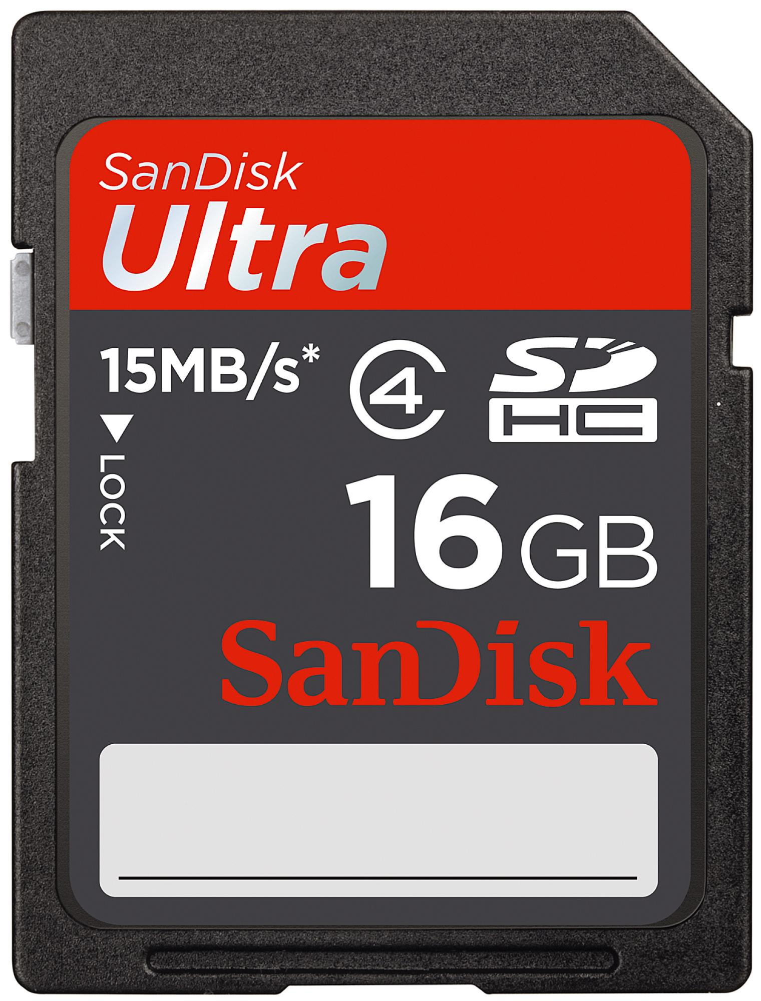 Tarjeta SD SanDisk Ultra negra y roja con texto y logotipos.