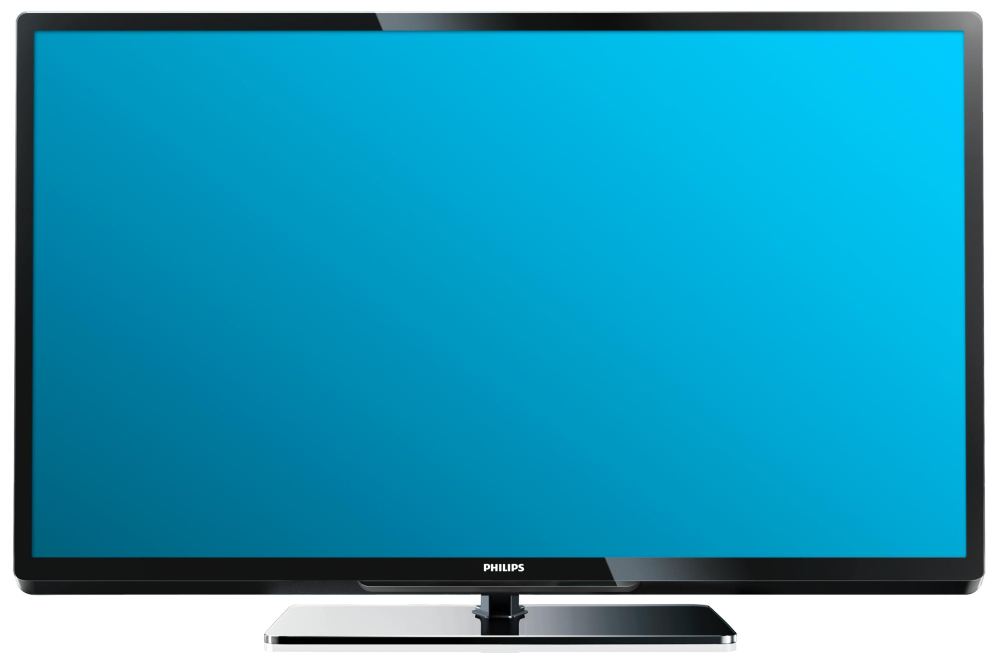 Un televisor de pantalla plana grande con una pantalla azul, sobre un fondo blanco.