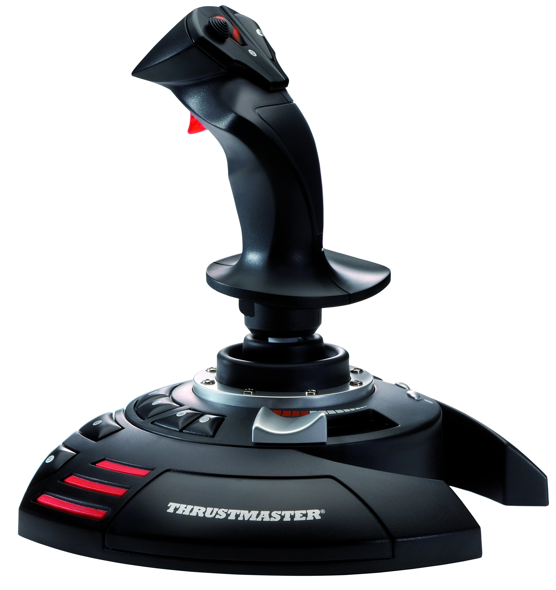 Schwarzer Joystick mit roten Akzenten und schwarzem Sockel auf weißem Hintergrund, mit Thrustmaster-Logo.