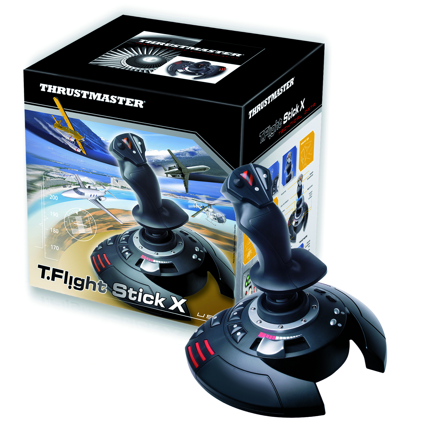 Flugsimulator-Joystick mit Box. Die Box zeigt ein Flugzeug im Flug. Schwarze und rote Details am Gerät.