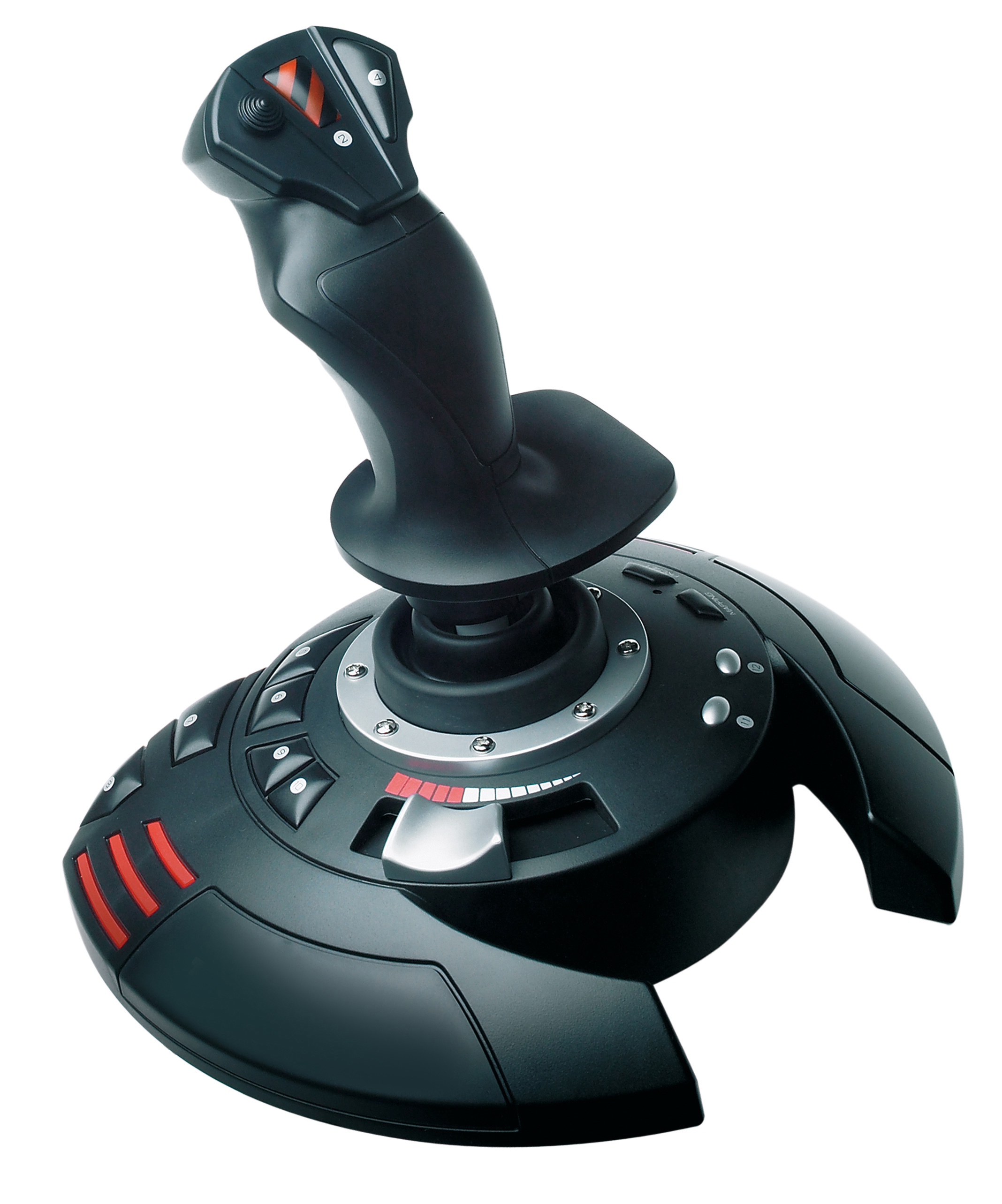 Ein schwarzer Joystick zum Spielen mit schwarzem Sockel und rotem Abschnitt. Es ist auf weißem Hintergrund.