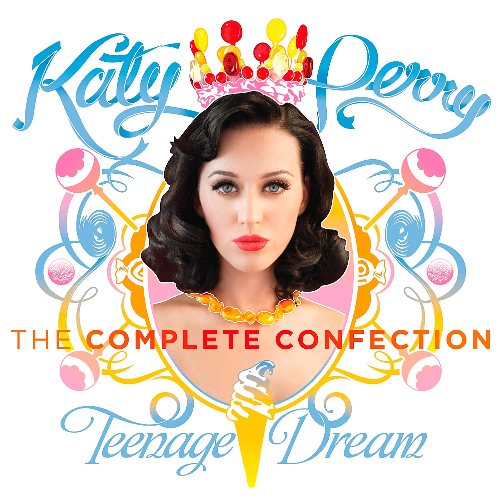 Katy Perry Albumcover mit ihrem Bild, einer Krone und einem Wirbeldesign mit Text.