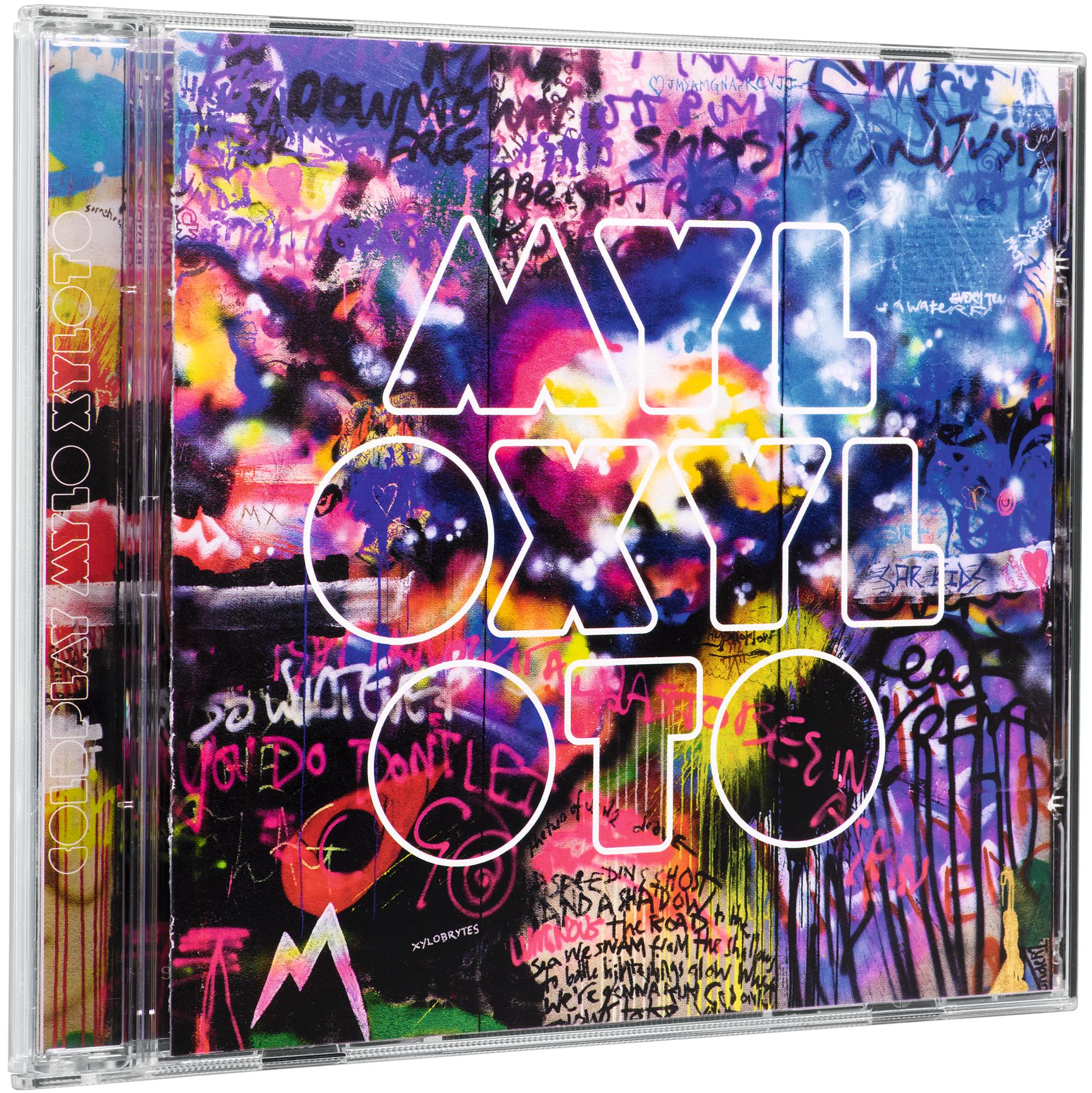 Cd-hoesje, kleurrijke graffiti-kunst en witte tekst, getiteld "Mylo Xyloto" van Coldplay.
