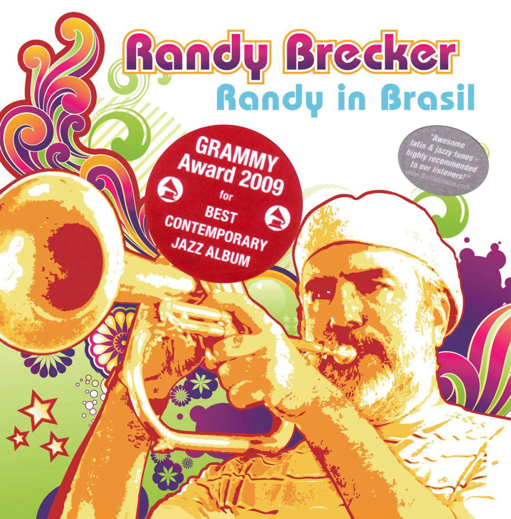 Albumcover von Randy Brecker, der Trompete spielt. Bunter Hintergrund mit Text.