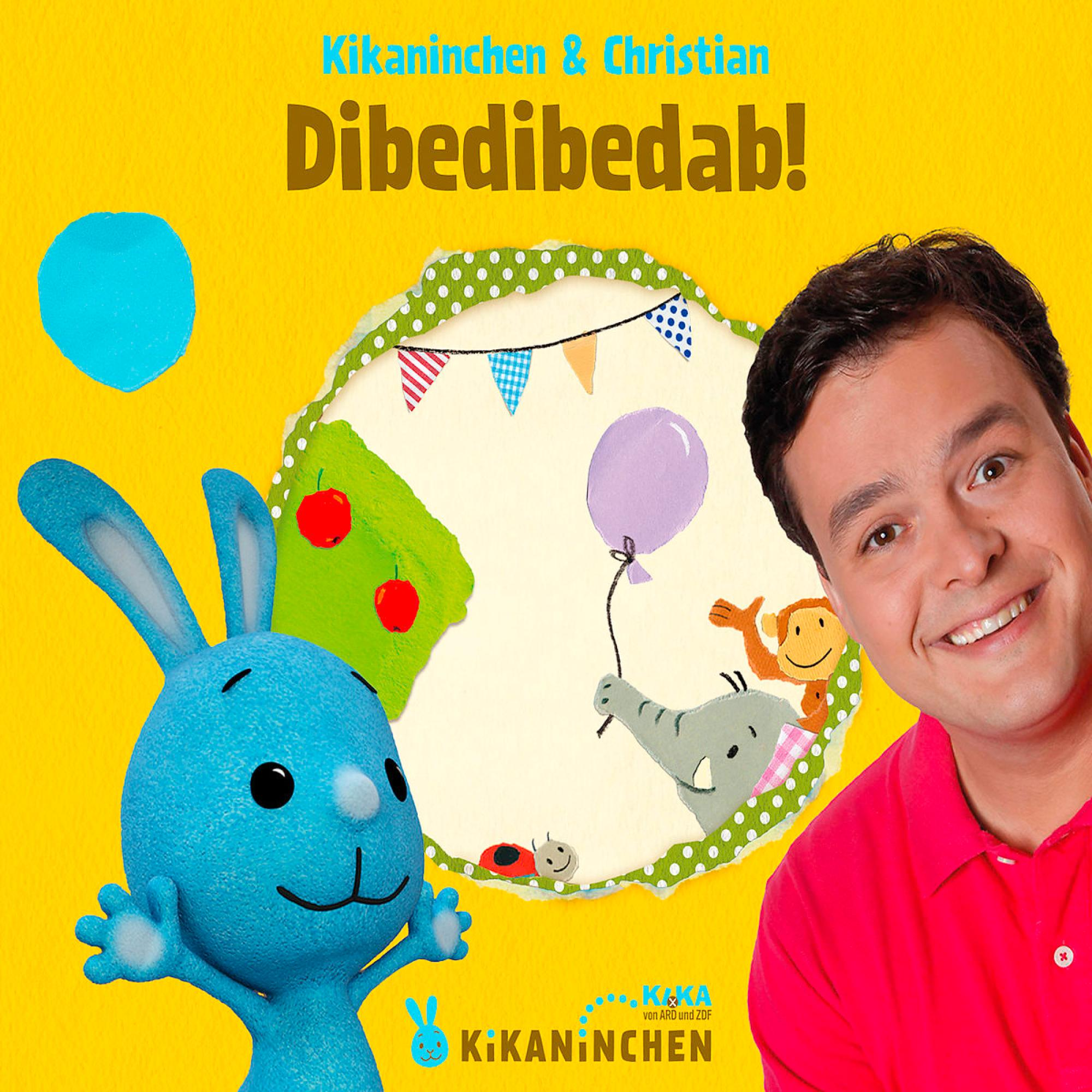 Zeichentrickszene mit blauem Hasen und Mann mit Text.