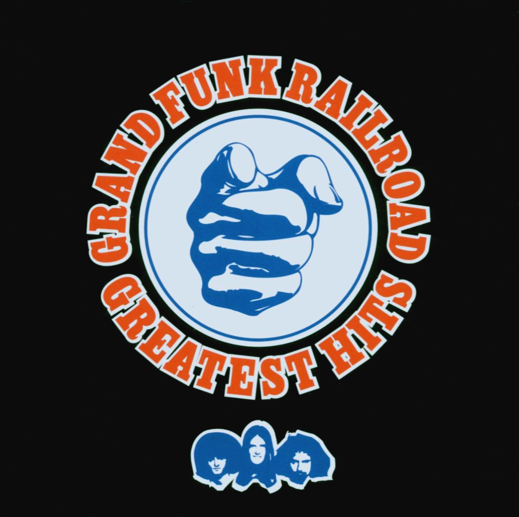 Albumcover für Grand Funk Railroads Greatest Hits. Kreisförmiges Design mit zeigender Hand und Bandnamen.