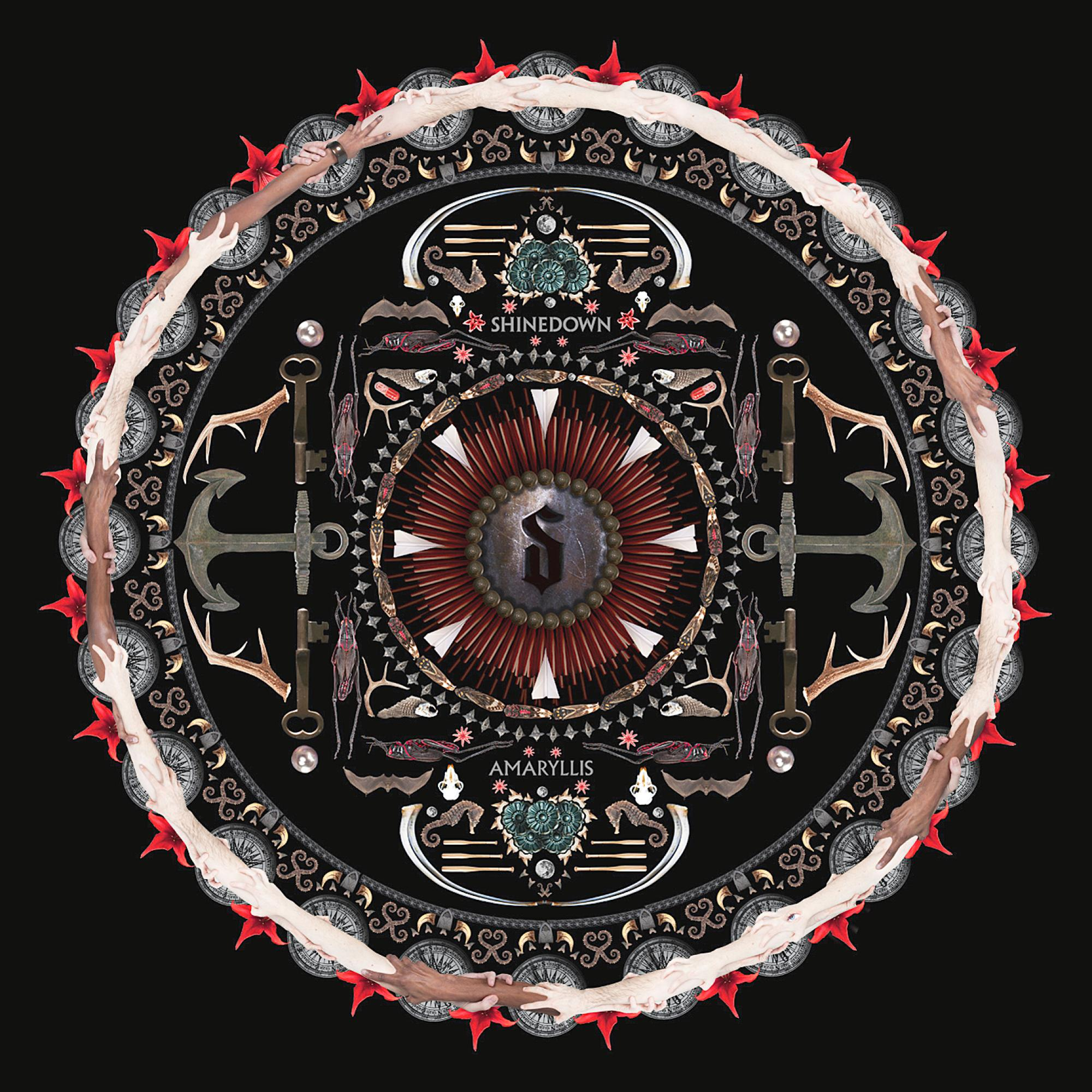 Albumcover: Kreisförmiges Design mit Händen, Ankern und einem zentralen Emblem. Titel: 'Shinedown Amaryllis'.