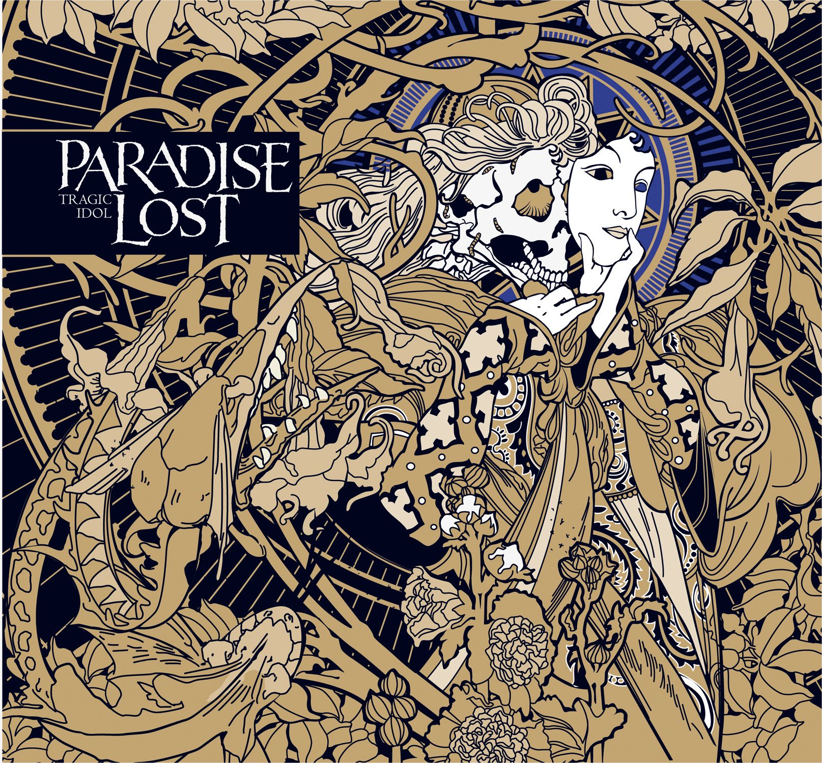 Albumcover: Paradise Lost, Tragic Idol. Schädel und Frauengesicht. Blumiger Hintergrund, dunkelblau.