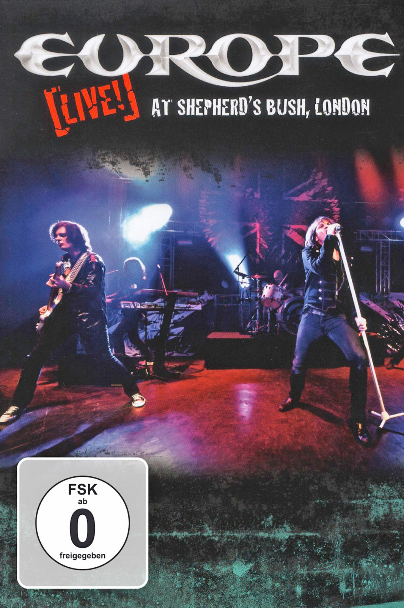 DVD-Cover von Europe Live-Konzert. Bandmitglieder treten auf der Bühne auf; rote und blaue Bühnenlichter.