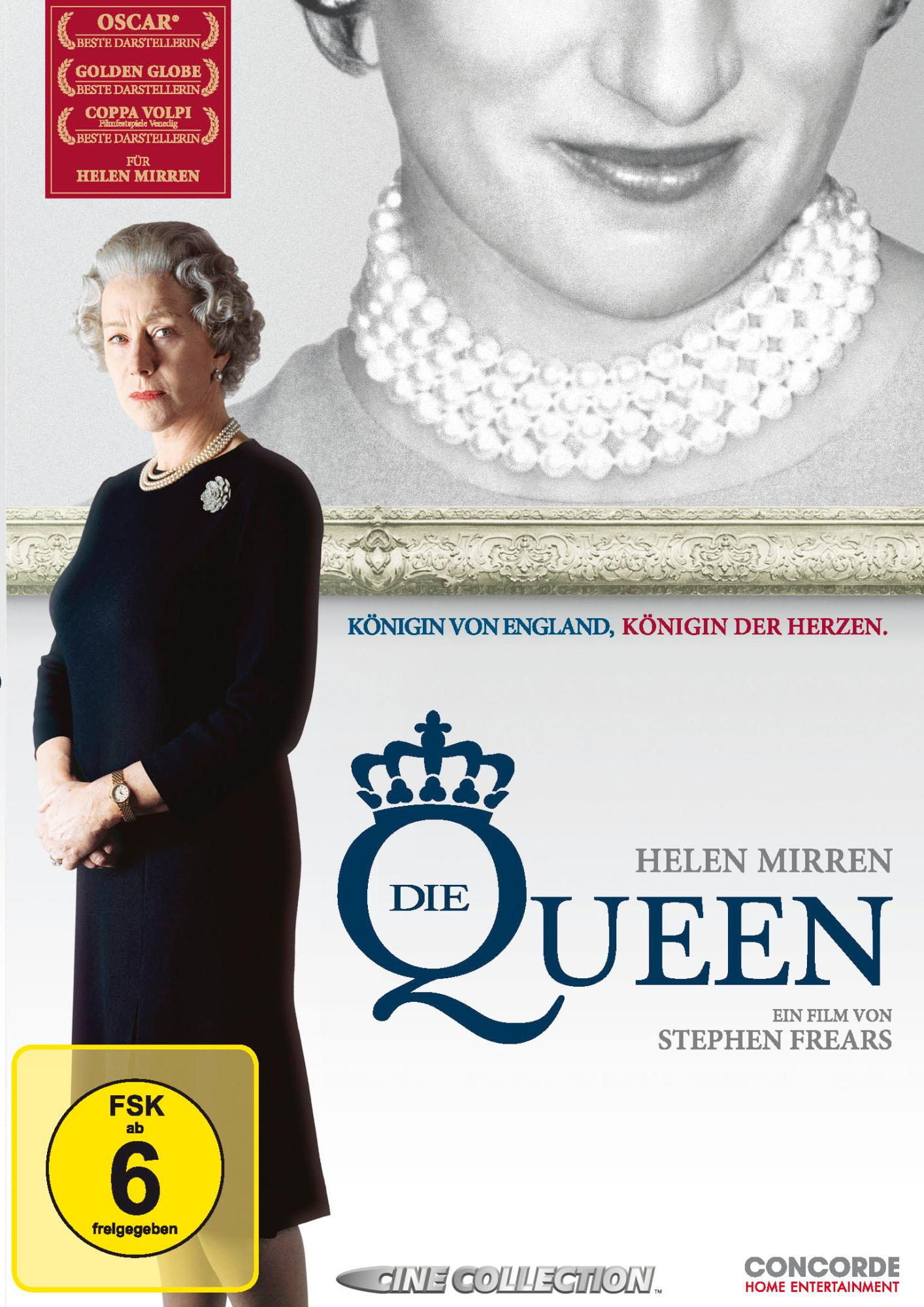 Filmposter: Helen Mirren, Königin, in schwarzem Kleid. Text: 'Die Queen'.