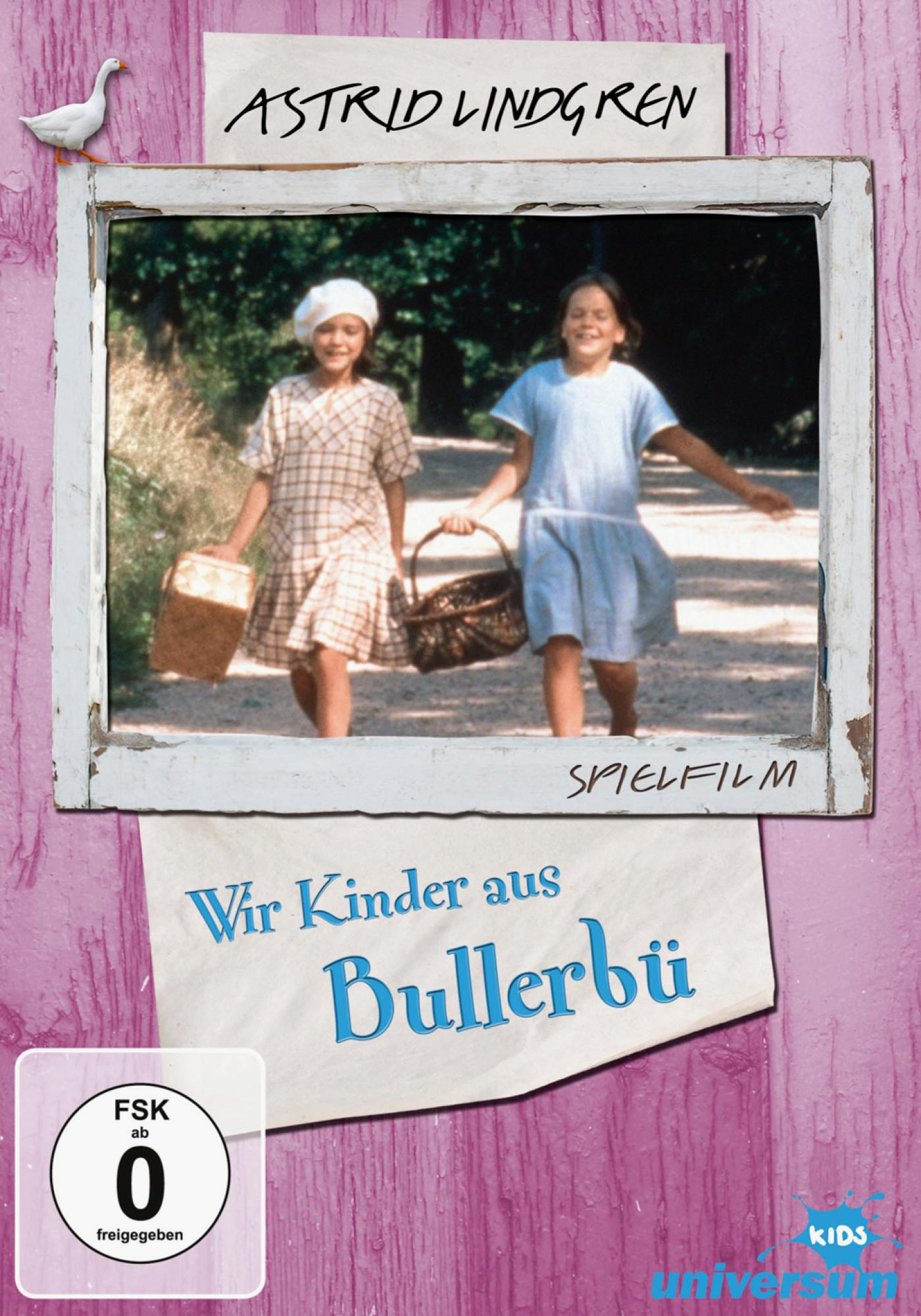 Zwei Mädchen gehen auf einer Straße, halten einen Korb, Bild mit Rahmen und Text 'Wir Kinder aus Bullerbü'.