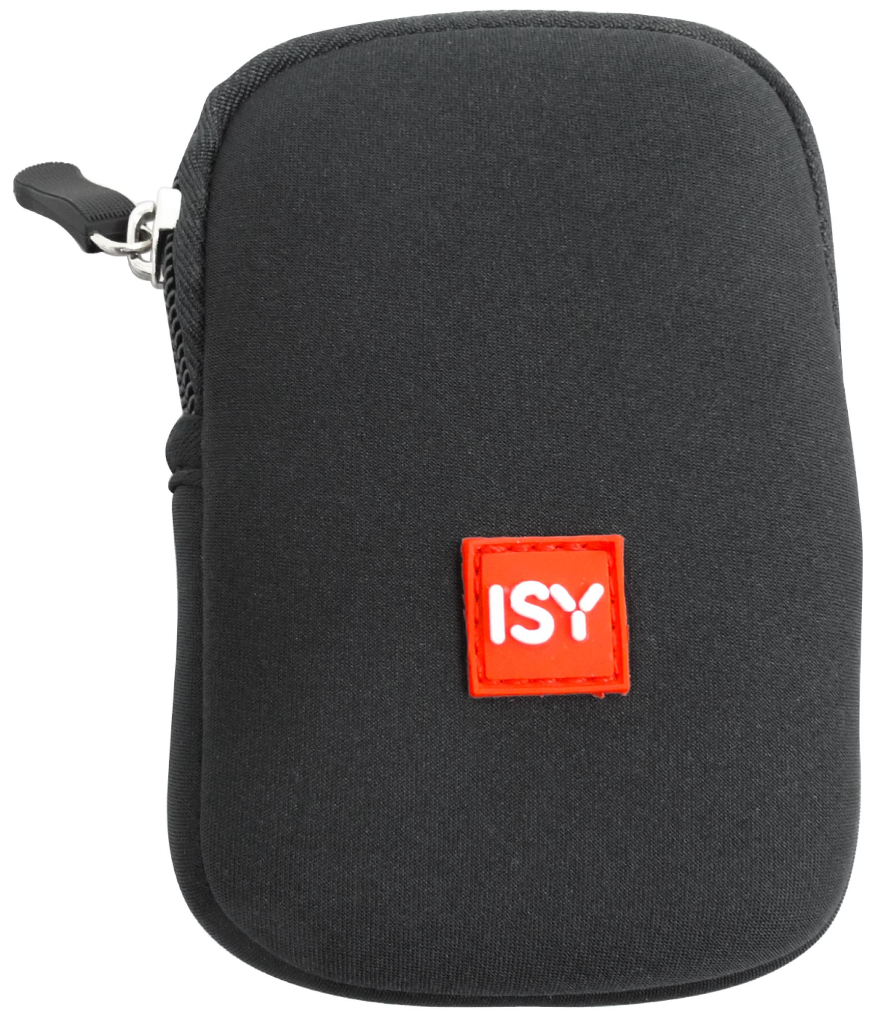Étui noir zippé avec logo carré rouge 'ISY'.
