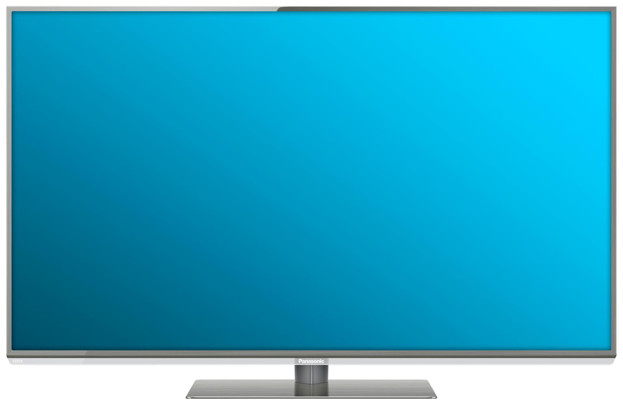Televisor de pantalla plana grande, marco negro, pantalla azul. Base plateada. Logotipo de Panasonic en la parte inferior.