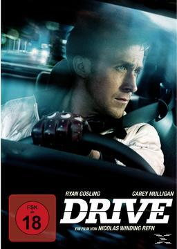 Filmposter. Ryan Gosling in einem Auto, der zur Seite blickt. Filmtitel: 'Drive'.