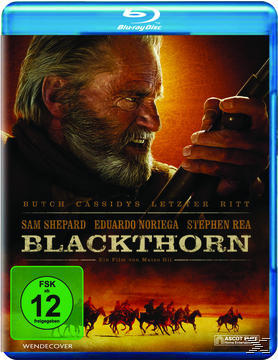 DVD-Cover von 'Blackthorn', mit einem Mann mit Bart, der ein Gewehr hält.