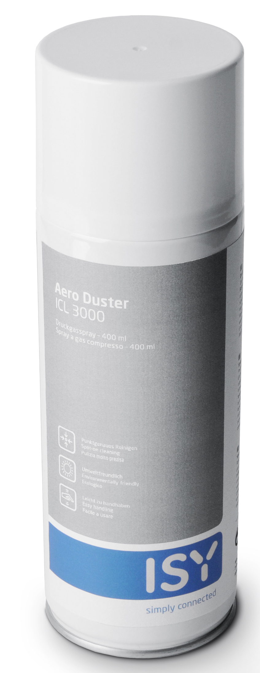 Weiße Aerosoldose mit schwarzen und blauen Etiketten, beschriftet mit 'Aero Duster'.