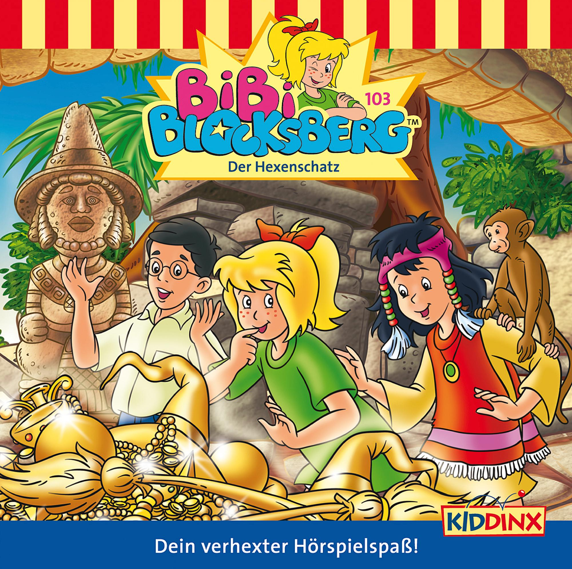 Cartoon-Cover, Bibi Blocksberg, Kinder, Schatz, Cartoon-Affe. Blauer Text unten.
