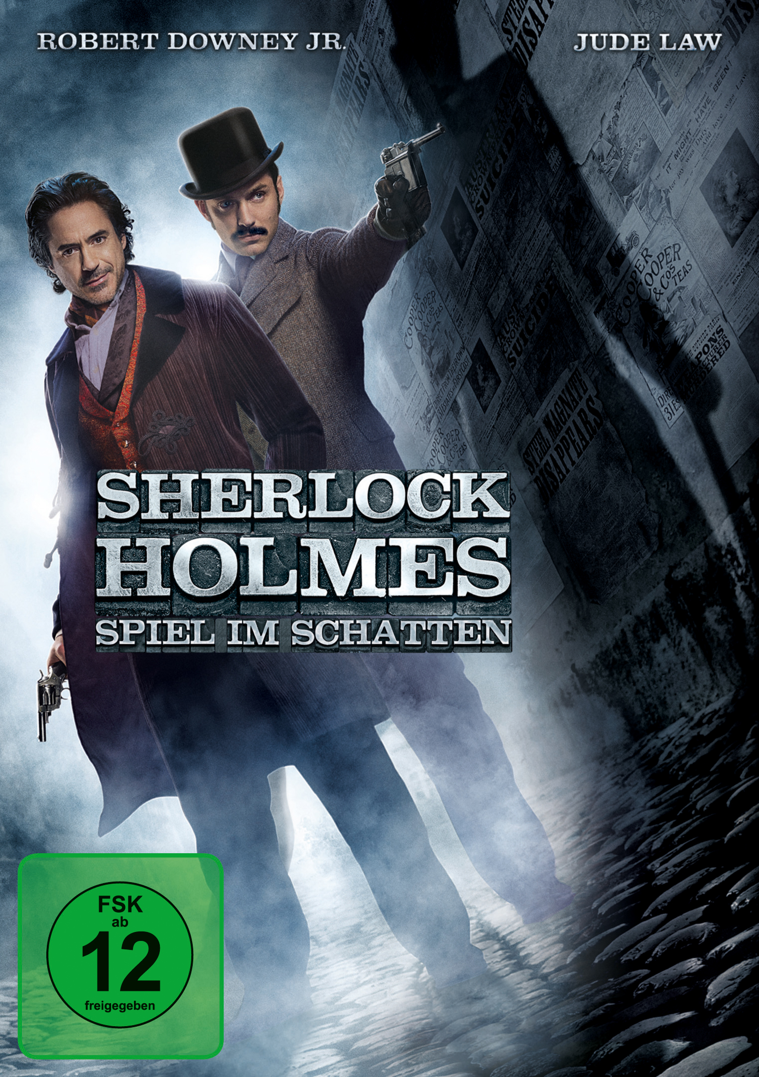 Sherlock Holmes Filmplakat: Robert Downey Jr. und Jude Law in historischer Kleidung, halten Waffen.