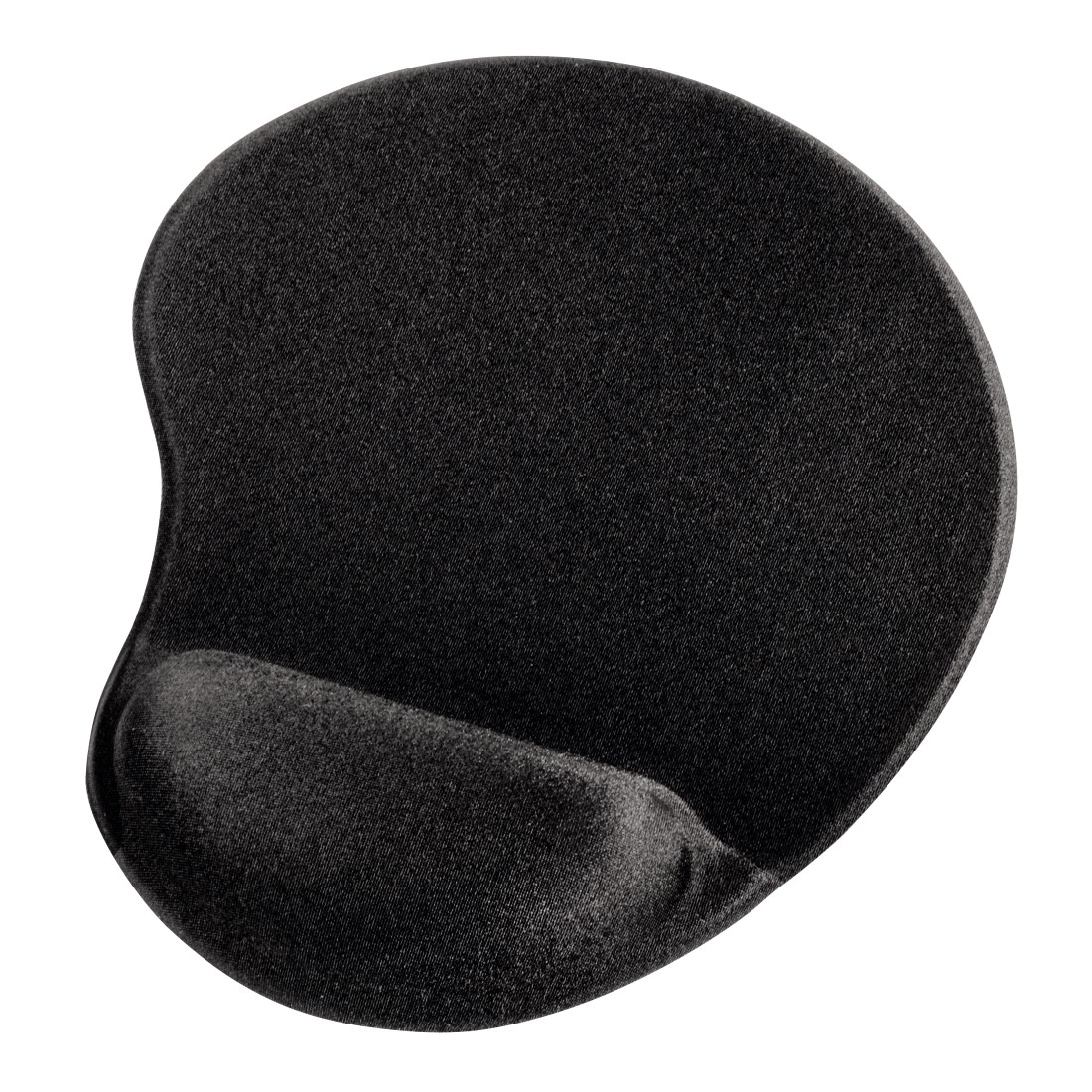 Ein schwarzes ergonomisches Mauspad mit Handgelenkstütze, vor weißem Hintergrund.