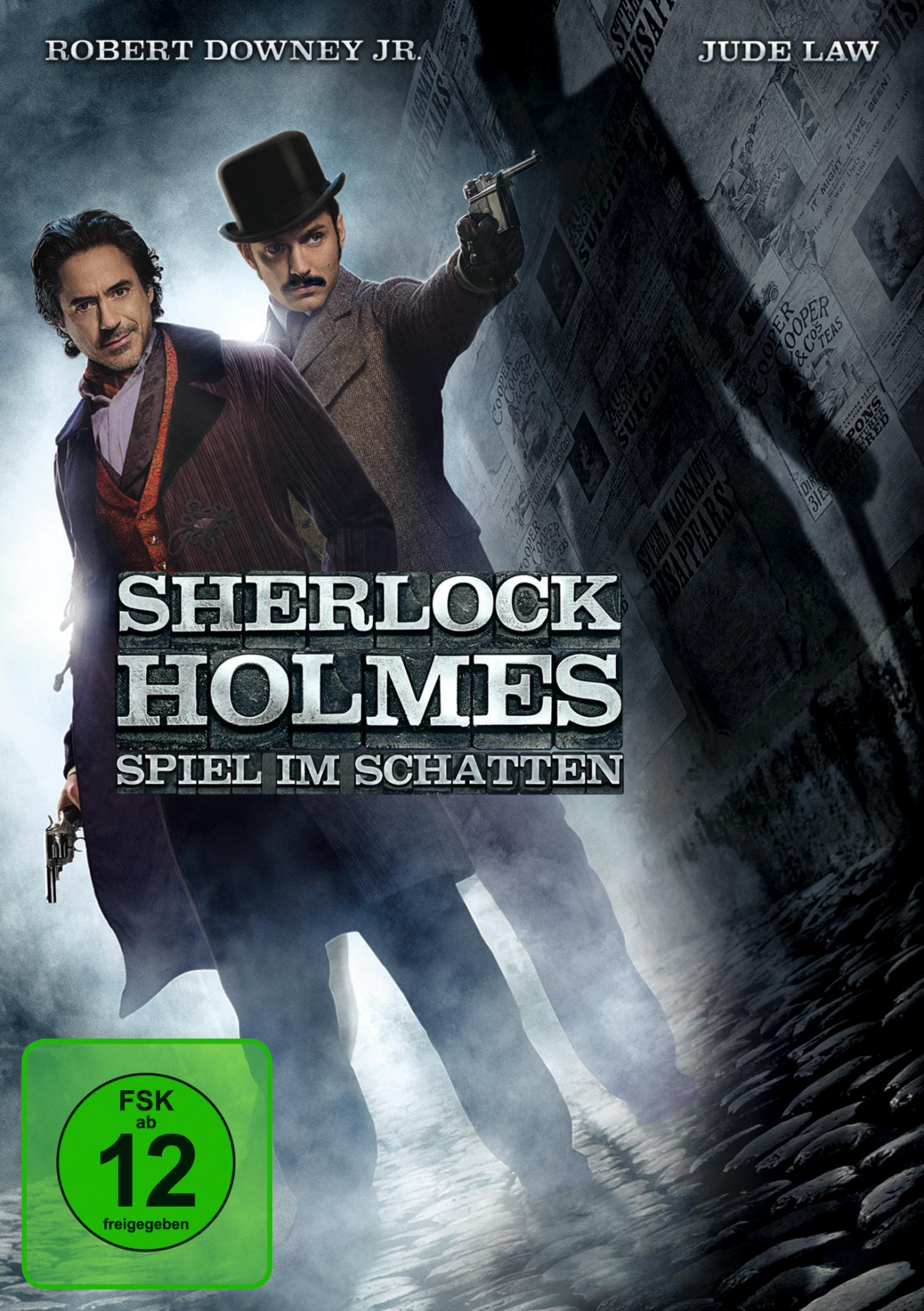 DVD-Cover für 'Sherlock Holmes: Spiel im Schatten', zwei Männer im Dunkeln, halten Waffen.