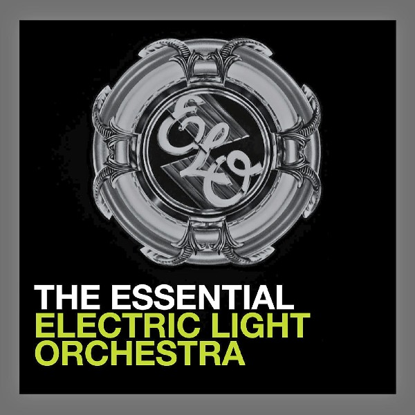 Albumhoes voor 'The Essential Electric Light Orchestra', zwarte achtergrond, zilveren ELO-logo, witte tekst.