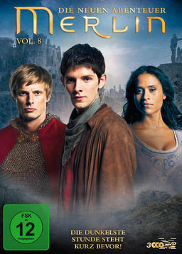 DVD-Cover für 'Merlin' mit drei Personen in einer Fantasy-Umgebung, Text auf Deutsch.
