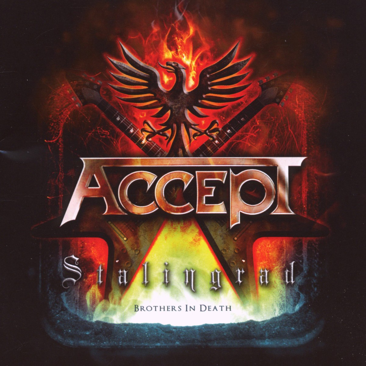 Albumcover mit Accept-Logo, Adler, Gitarren, Flammen und Titel 'Stalingrad'. Dunkler Hintergrund.