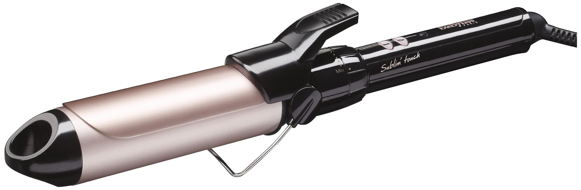 Ein schwarzer und roségoldener Lockenstab. Mit langem Lauf und Griff mit Bedienelementen.